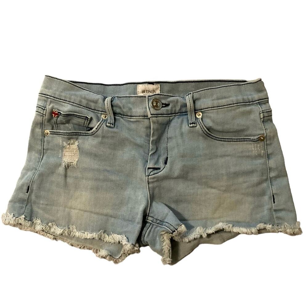 Hudson Amber Raw Edge Hem Shorts Sz 25 Distressed Denim Low Rise Sata Blue USA